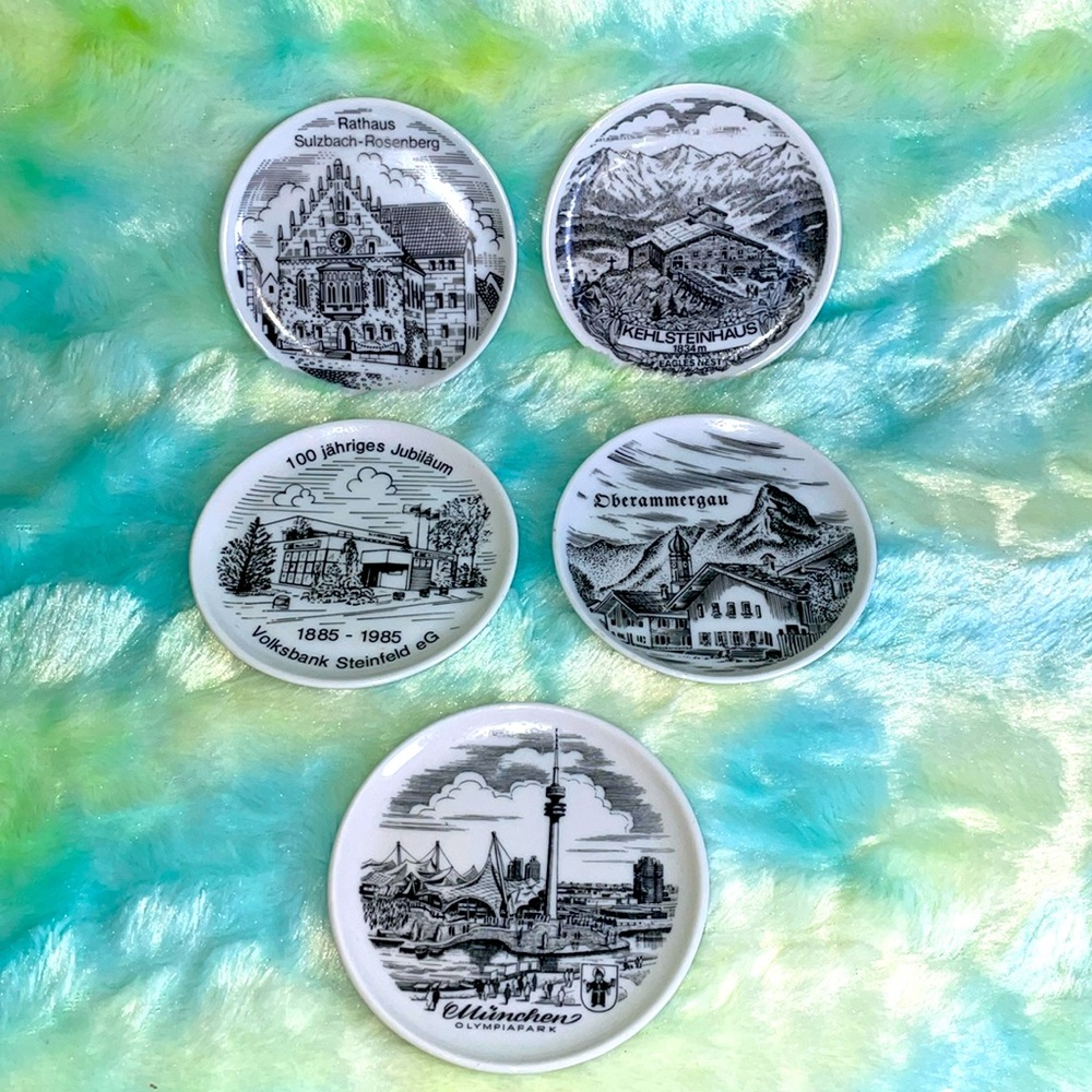 Vintage miniature German porcelain coasters or trinket trays. Set of 5.